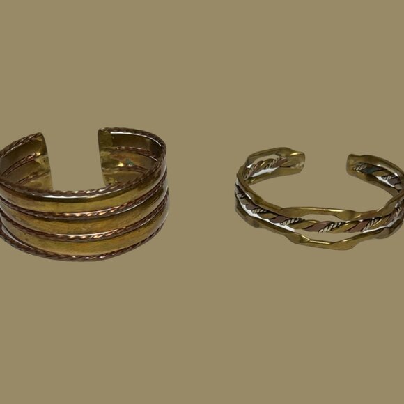 2 vintage mixed/married metals copper silver and brass cuff style bra… - Picture 1 of 13